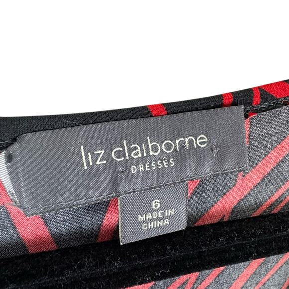 Liz Claiborne Black Red 3/4 Sleeve V-Neck Stretchy Knee Length Sheath Dress Sz 6 - Picture 3 of 6